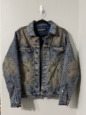 VALABASAS Grunge Distressed Studded Quilted Jean Denim Jacket Blue S
